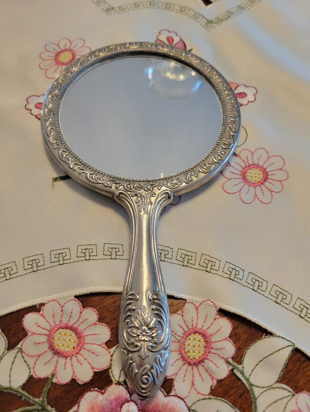 Vintage Ornate Silver Plate, Hand Mirror - Elegant Silver Finish
